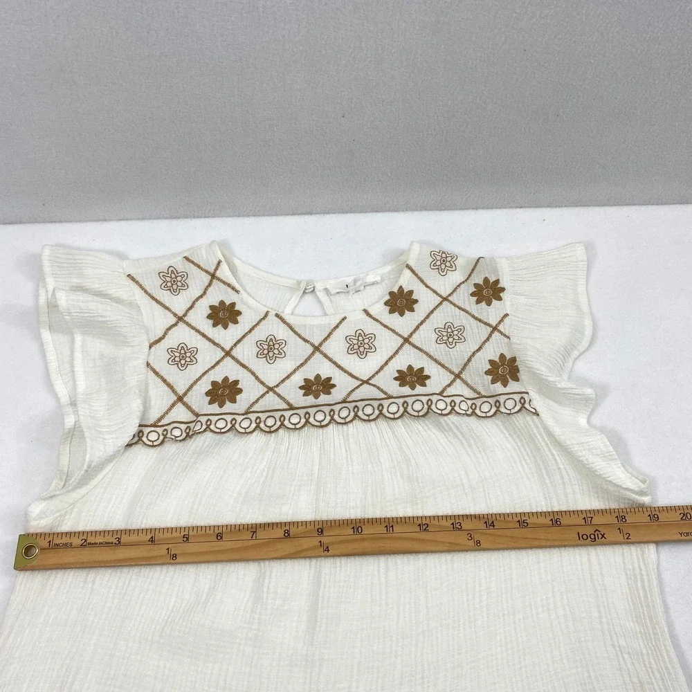 MINE Blouse Womens Large White Gauze Tan Floral Embroidered Boho Festival Top - Picture 5 of 8
